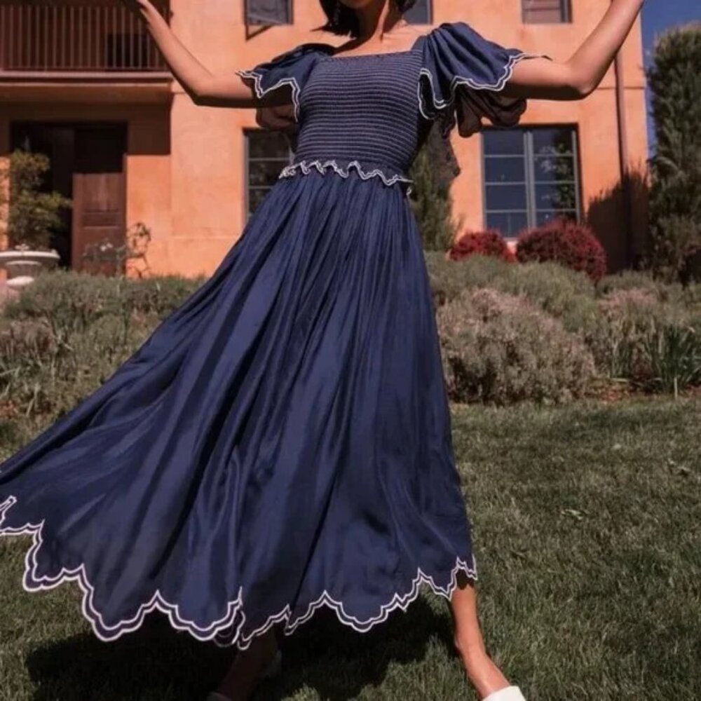 JessaKae Navy Blue Midi Dress with White Trim